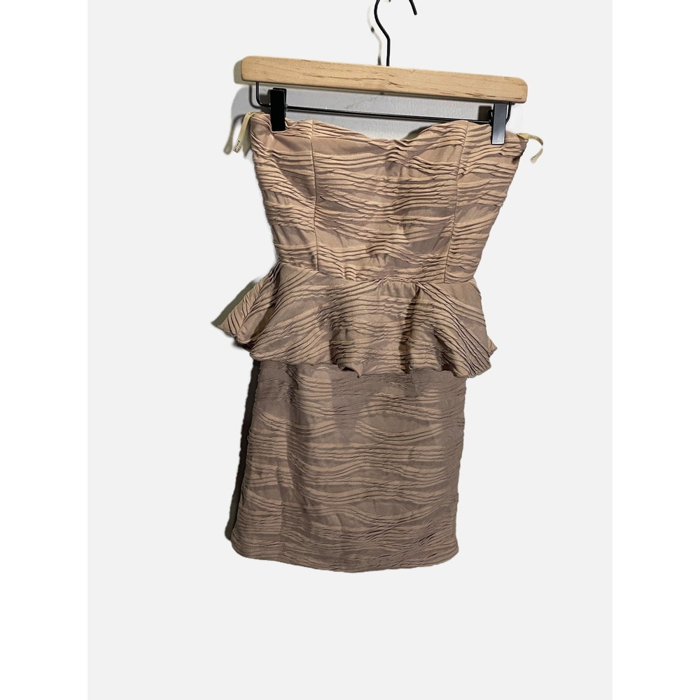 Love Couture Peplum Dress Womens Medium Taupe Strapless Bow Back Cocktail Mini